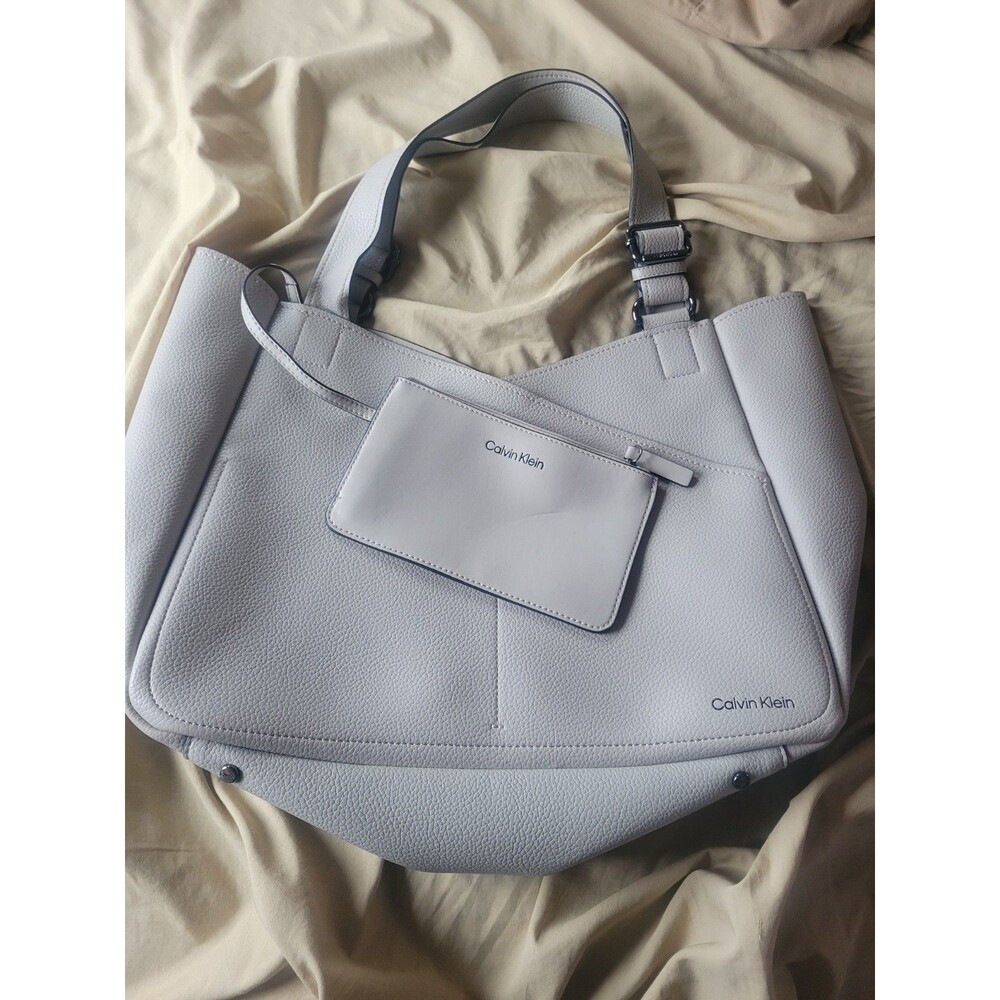 Calvin Klein Zoe Tote Bag with Pouch Light Gray Pebbled Faux Leather Womens